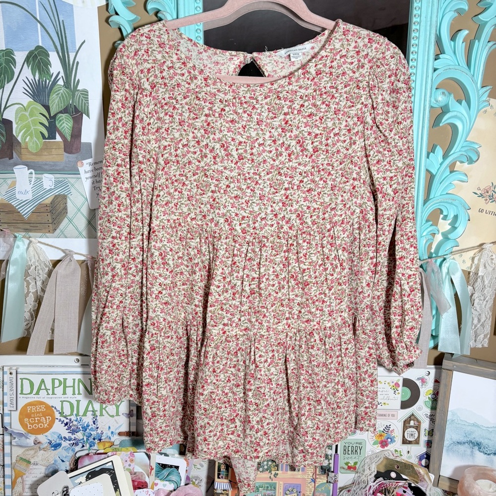 American Eagle Floral Babydoll Open Back Long Sleeve Blouse Top Women’s Sz Small